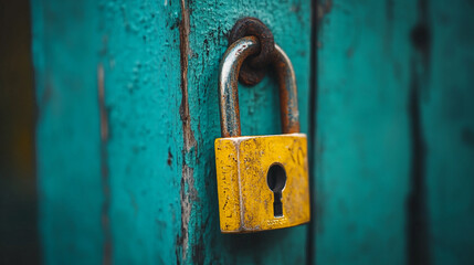 Yellow padlock securing a weathered teal wooden door in a rustic setting