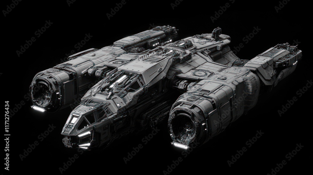 Poster a futuristic spacecraft with sleek design and dual engines, set against a black background.