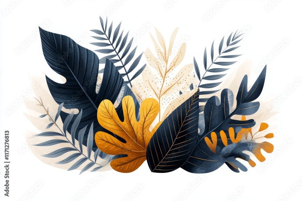 Poster A simple and colorful drawing of a jungle canopy with layers of green leaves and abstract wildlife shapes, set on a white background