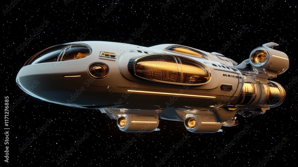Poster a futuristic spaceship design showcasing sleek lines and advanced technology.