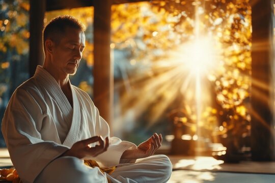 A serene scene of a karate practitioner meditating in seiza position on a tatami mat, with sunlight streaming through a window