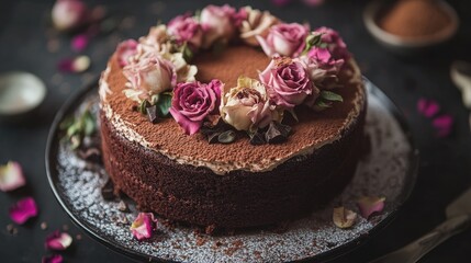 A vegan chocolate cake decorated with fresh roses, dried petals, and a dusting of cocoa powder