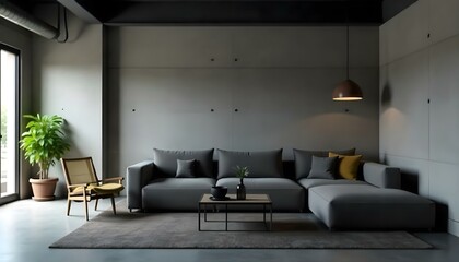A modern, minimalist living room with a large gray sectional sofa, a concrete wall, and hanging pendant lights. The room has a cozy and industrial feel with potted plants adding a touch of nature.