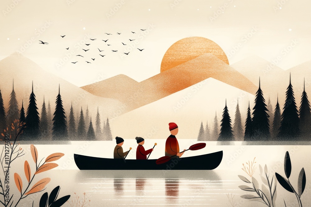 Poster a simple, colorful 2d drawing of a family kayaking together, with nature elements surrounding them i