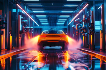 Fototapeta premium A car wash in action, showcasing the cleaning process with vibrant soap suds and water jets.