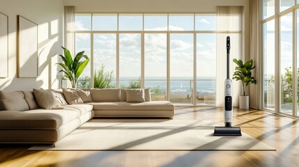 A modern living room featuring a vacuum cleaner and a scenic view through large windows.