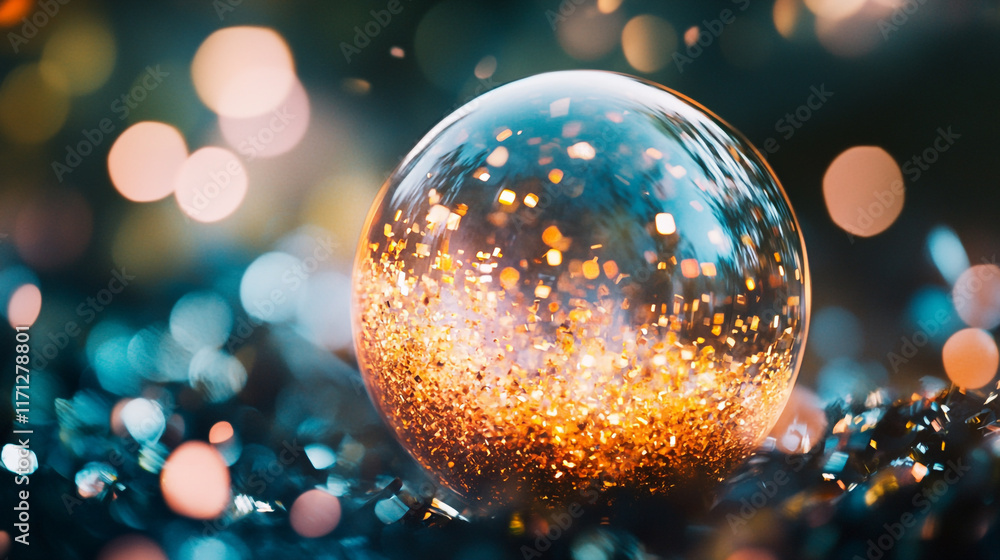 Poster reflection of shimmering lights captured in a crystal ball resting on glittering surface