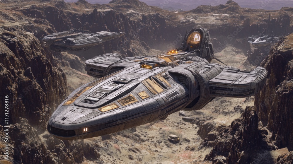 Poster a futuristic spaceship hovering over a rugged, alien landscape.