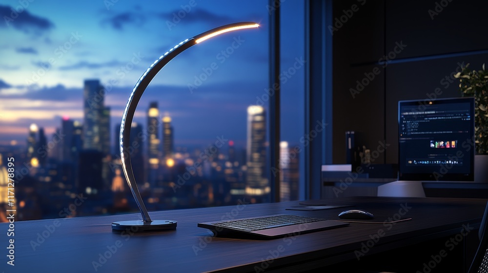 Poster a modern workspace featuring a sleek desk lamp and computer setup with a city view.