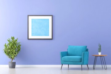 A stylish mockup of a picture frame on a clean, blue purple wall in a minimalist and bright interior.