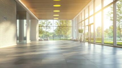 Fototapeta premium Blurred background of a spacious meeting room with large windows and modern decor