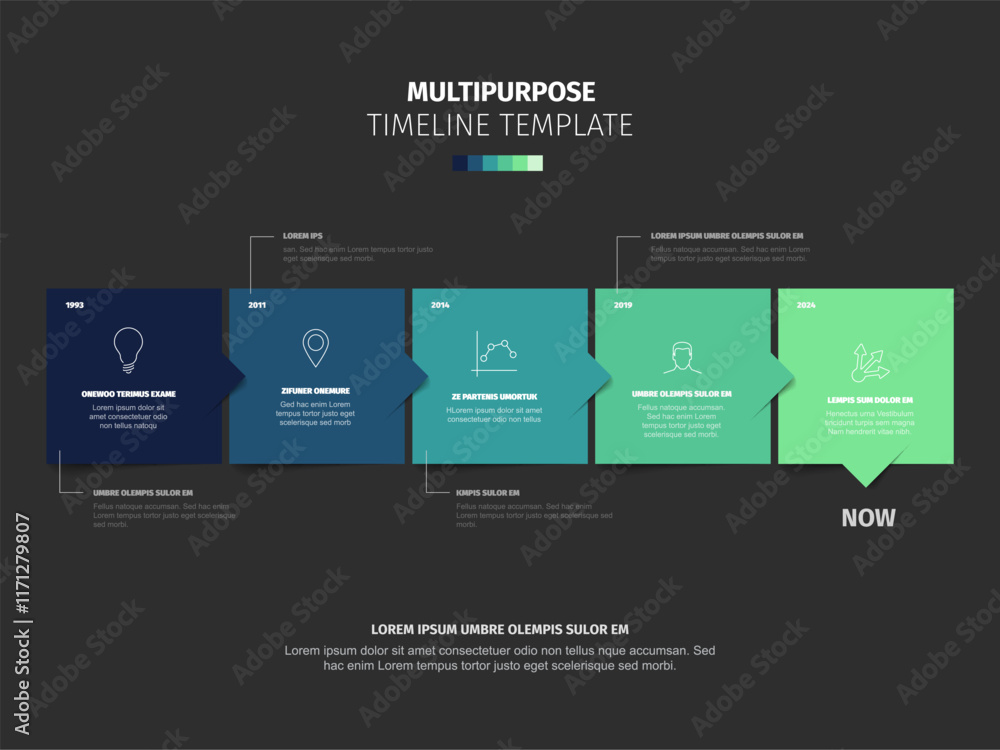 Poster multipurpose square green blocks time line template with sample text content and icons on black back