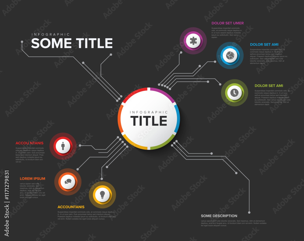 Poster simple colorful circular infographic design template with six element and big circle with title on t