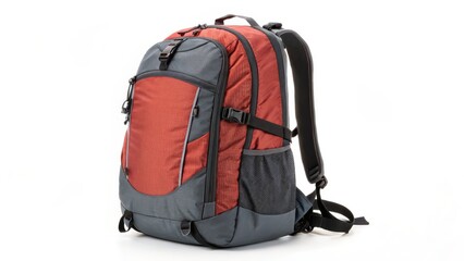 A red and gray backpack designed for travel and daily use. White background