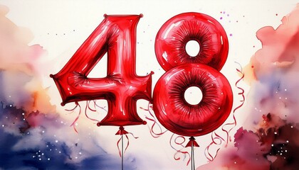 Red birthday / anniversary balloon, number 48, watercolor painting with white background