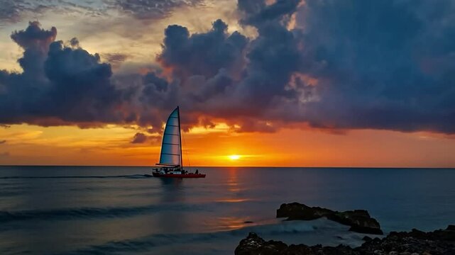 Catamaran sailing at sunset near a rocky coast