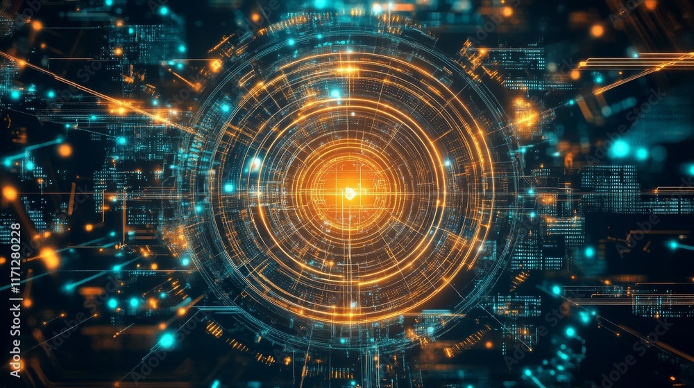 Poster abstract digital design featuring concentric circles and glowing elements, representing technology.