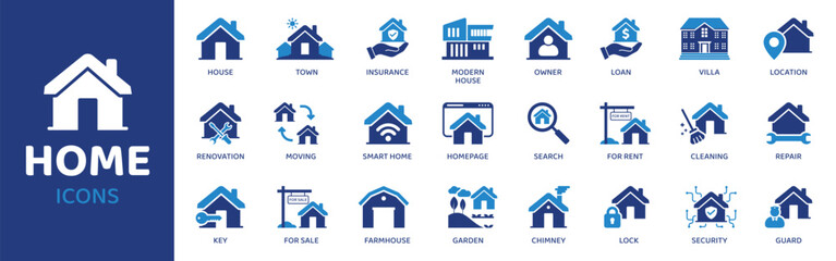 Home  - Icon Collection. Thin Line Set contains such Icons as House, Insurance, Owner, Town, Smart Home and more. Simple web icons set.