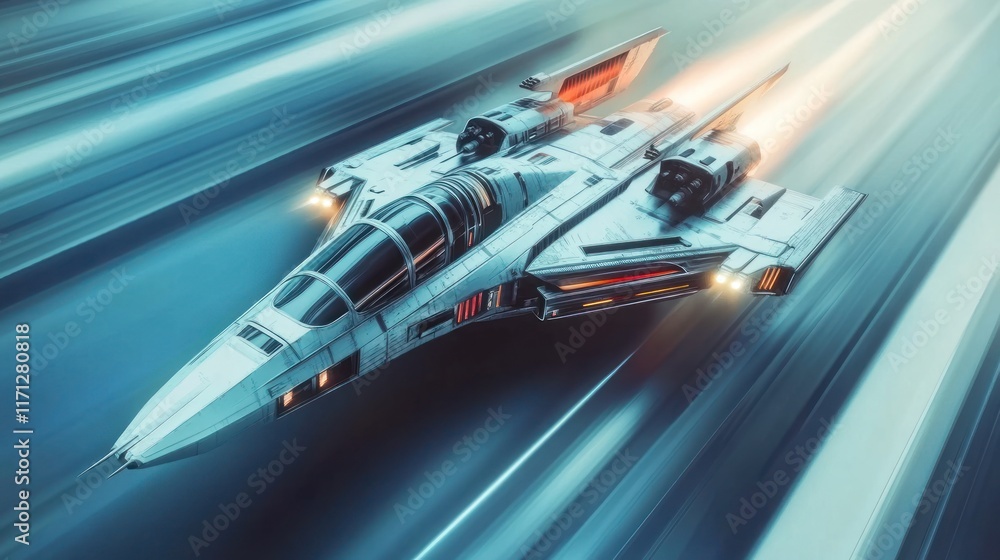 Poster a futuristic spaceship soaring through a dynamic, blurred background, suggesting speed.