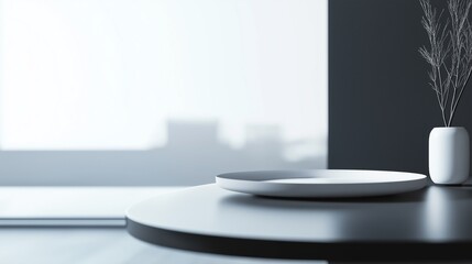 A minimalist interior with a circle table with a white plate on it. 