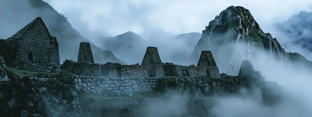 A breathtaking shot of the ancient ruins of Machu Picchu shrouded in early morning mist, with the Andes mountains in the background, Machu Picchu scene