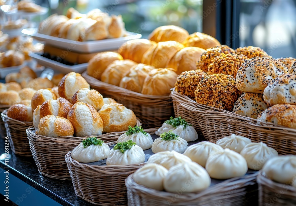 Poster freshly baked bread rolls and buns arranged in baskets on a table displaying a variety of flavors an
