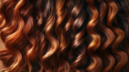 Close-up of vibrant, wavy, highlighted auburn hair.