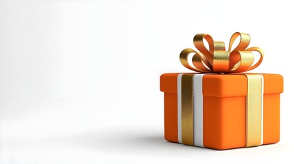 Bright Orange Gift Box with Golden Ribbon and Bow on White Background