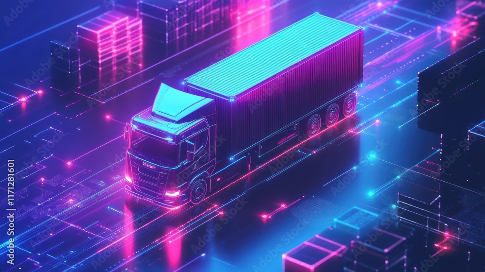 Aufkleber a futuristic truck navigating a digital landscape with neon lights and data elements.