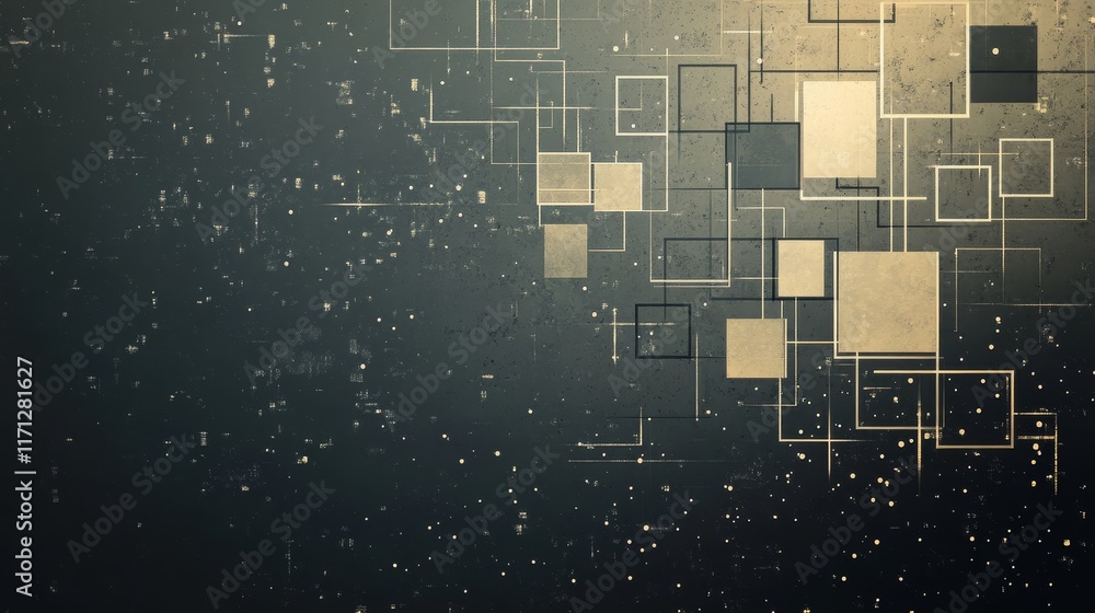 Poster abstract geometric design with layered squares and a dark background.