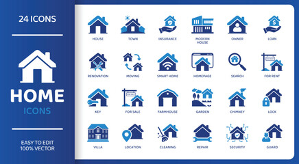 Home  - Icon Collection. Thin Line Set contains such Icons as House, Insurance, Owner, Town, Smart Home and more. Simple web icons set.