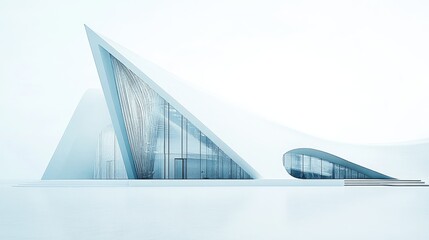 Modern minimalist white building with triangular design and glass windows, set against a bright background.