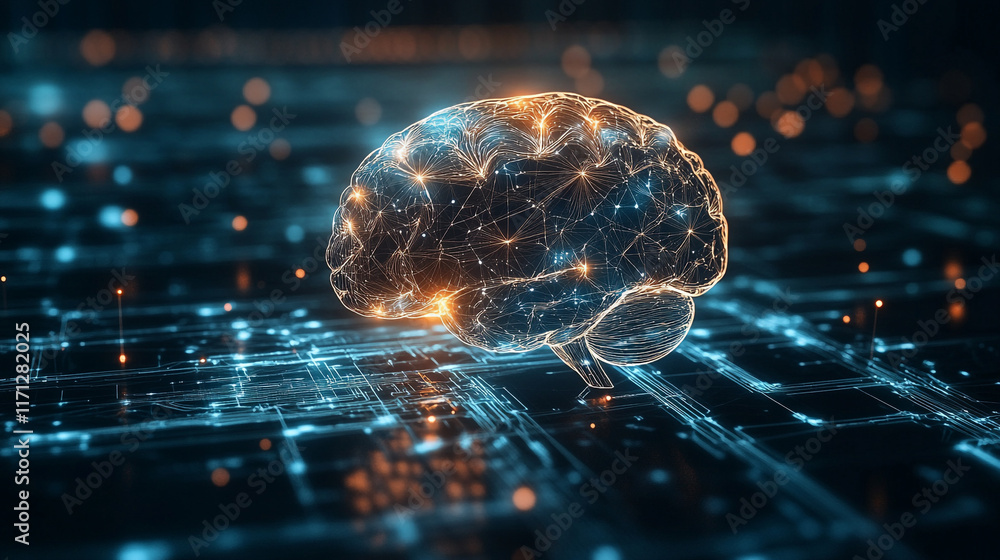 Aufkleber networked brain model visualizing connections in a digital environment during nighttime