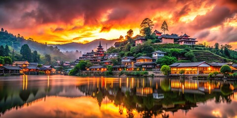 Fototapeta premium Mae Hong Son's Ban Rak Thai, a rainy season canvas. Sharp mountain silhouettes.