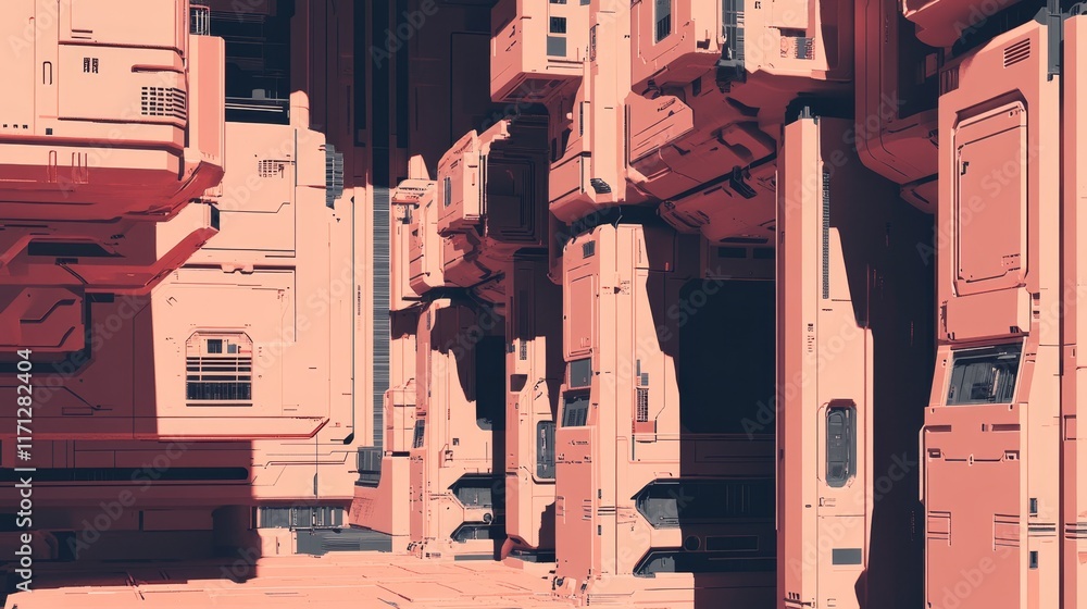Poster a futuristic architectural design featuring towering structures with a pink hue.