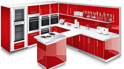 Modern red kitchen with stainless steel appliances, island, and white countertops.