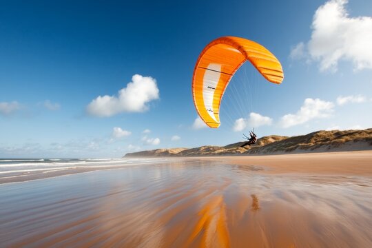 A man flying a large parafoil kite on a windy beach, with sand dunes in the background
