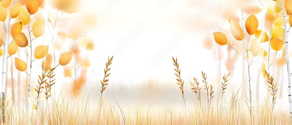 Poster a field of yellow grass with trees in the background