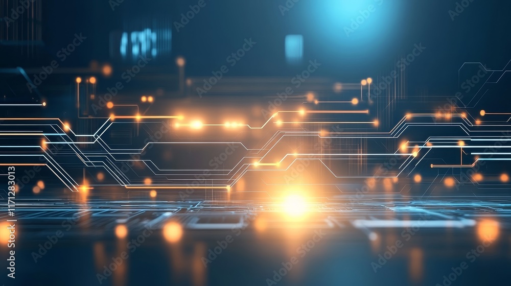 Poster abstract representation of digital circuits with glowing elements, suggesting technology and innovat