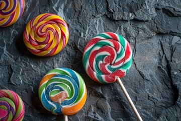 Top view of vibrant lollipops and candies scattered across cement background, flatlay style. Backdrop with copy space. picture for congratulations. birthday greeting background with sweets