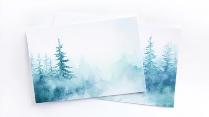 Snow-touched outreach flyers, pastel blues and greens, watercolor, isolated on white background
