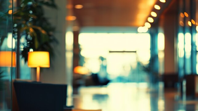 Blurred image of a corporate building lobby with a clean modern design, expansive glass windows, and ambient lighting, exuding a sleek and professional environment - Powered by Adobe