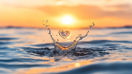 Heart-shaped water splash sunset ocean background, love, romance, serenity, website, social media.