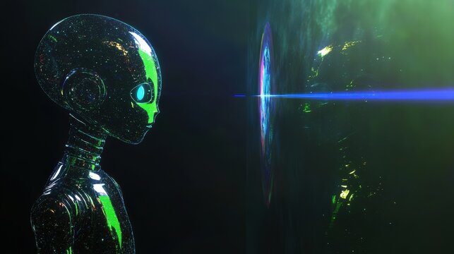 A translucent robot observes a cosmic portal