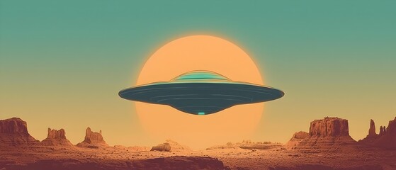 A large alien spaceship is flying over a desert