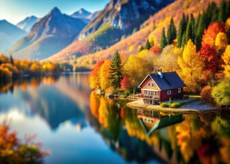 Fototapeta premium Mountain backdrop frames autumnal cottage by lake, softly blurred.