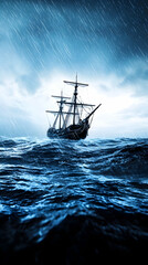 Obraz premium Historic Ship Sailing Stormy Ocean, Rain, Waves, Dramatic Background, Travel Poster.