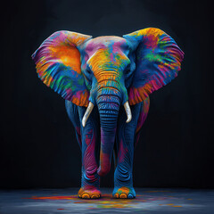 Obraz premium A full-body portrait of an elephant with colorful skin, vibrant colors, symmetrical composition, dark background, digital painting.