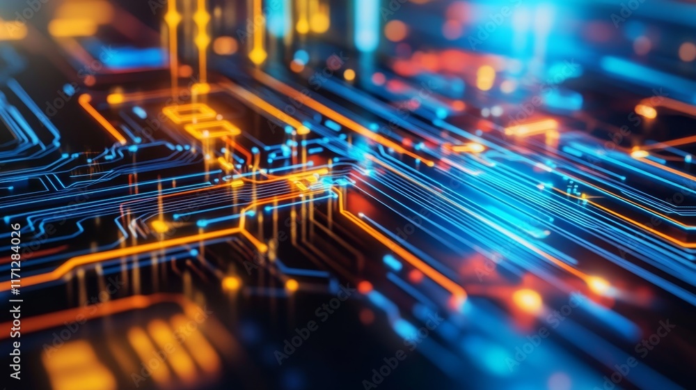 Poster abstract digital circuit board with glowing lines and nodes.