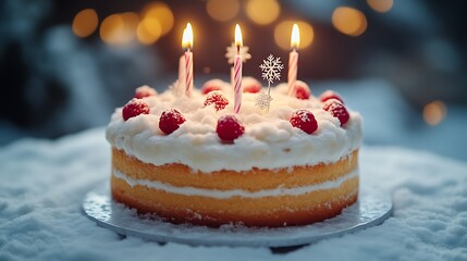 Festive winter cake with candles in snow.